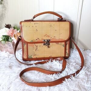 Vintage World Map Leather Hand Bag With Shoulder Strap Top Handle Crossbody